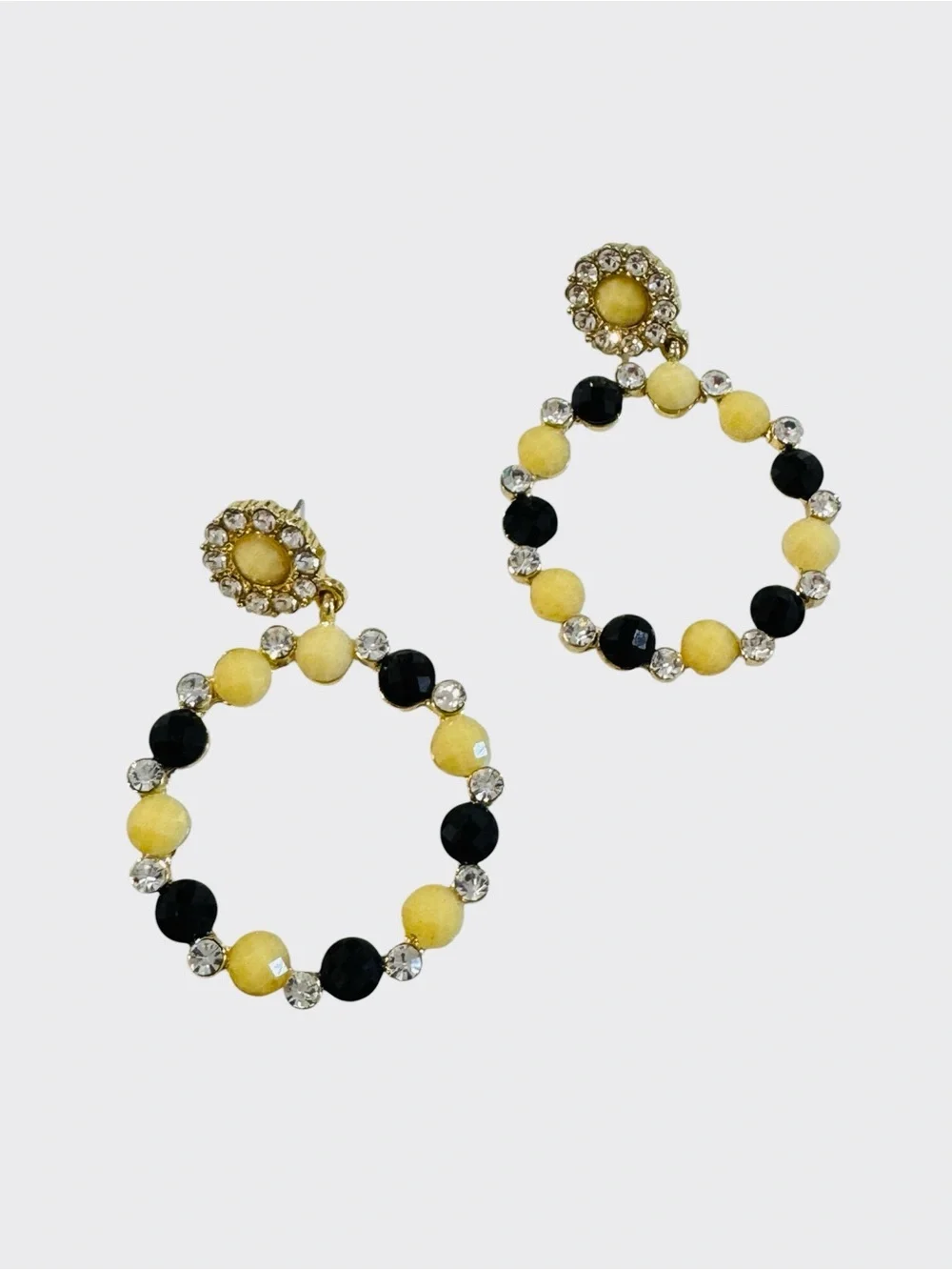 Amrita Singh Gold Tone Beaded Hoop Statement Earrings Black Yellow Rhinestone